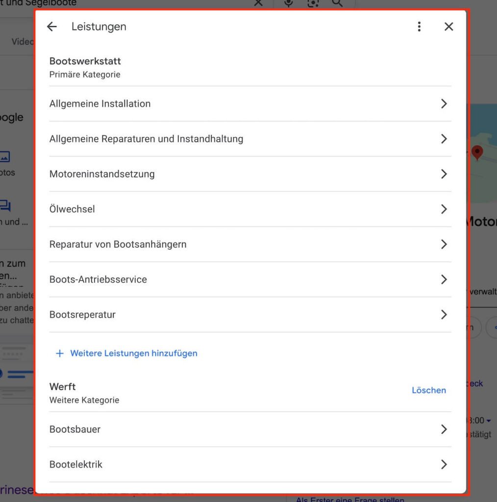 Google My Business optimieren und lokale Sichtbarkeit steigern 2 Google Profil optimieren - Leistungen als Beispiel